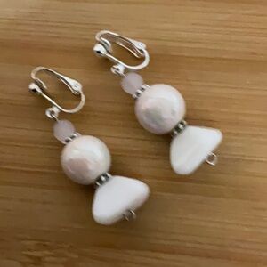 Hand Crafted Clip on Earrings Pink White Beads Dangle Gemstone